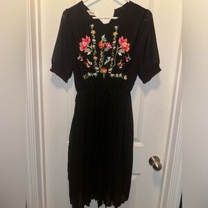 Black pleated Mexican Embroidered Dress